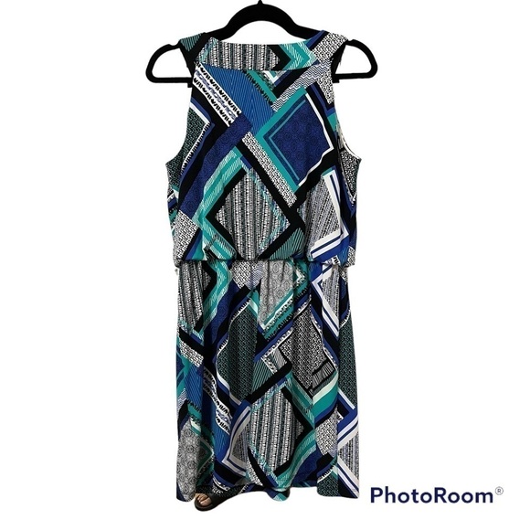 SANDRA DARREN Geometric Print with Metallic Shimmery Neckline Midi Dress Size 6 - Picture 3 of 10